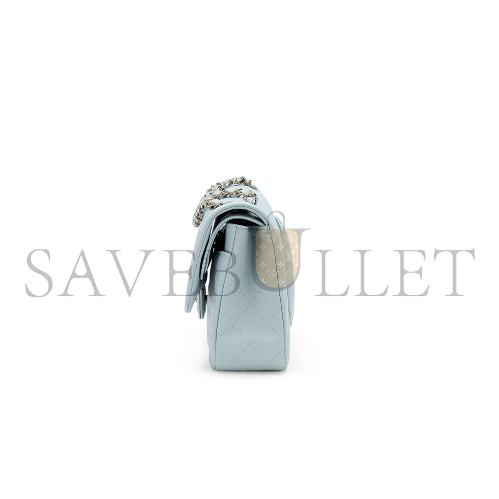 Ch*el medium classic double flap bag blue quilted caviar light gold hardware (25*15*7cm)